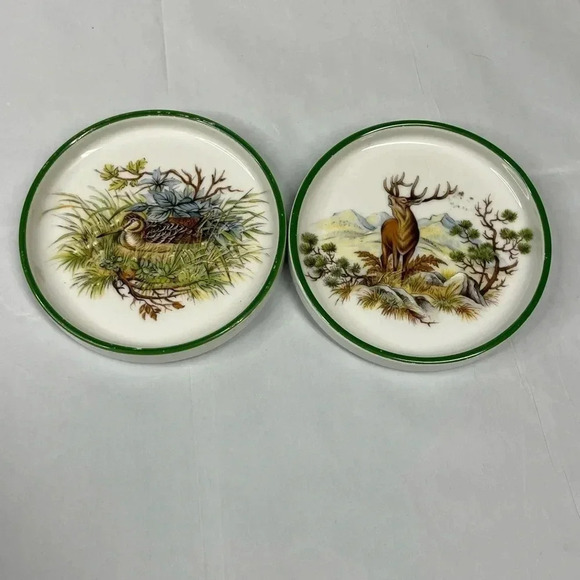 Other - Vintage Antique Bavaria Germany Wildlife Coasters Set of 2 Elk Mallard Duck